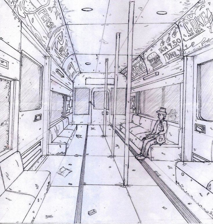 a drawing of a train car with the seats down and one person sitting in it