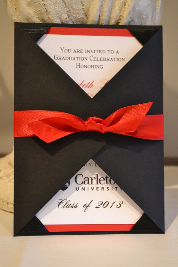 a black and white graduation card with red ribbon