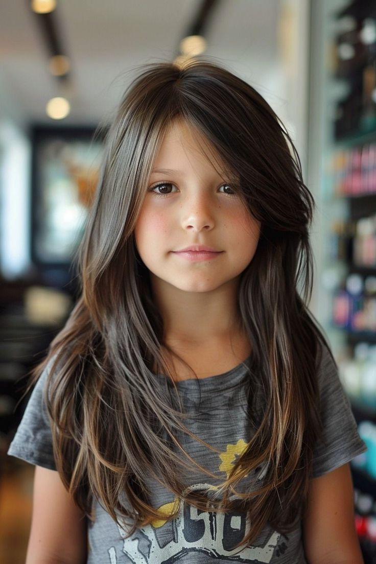 Kids Hair Cuts Girls Long, Kids Layers Haircut, Girl Curtain Bangs Haircut Kids, Girls Haircut Kids Long, Girls Long Haircut Kids Layers, Girls Long Layered Haircut, Kids Haircuts For Girls Long, Hair Cuts For Kids Girls Ideas, Girls Curtain Bangs Kids