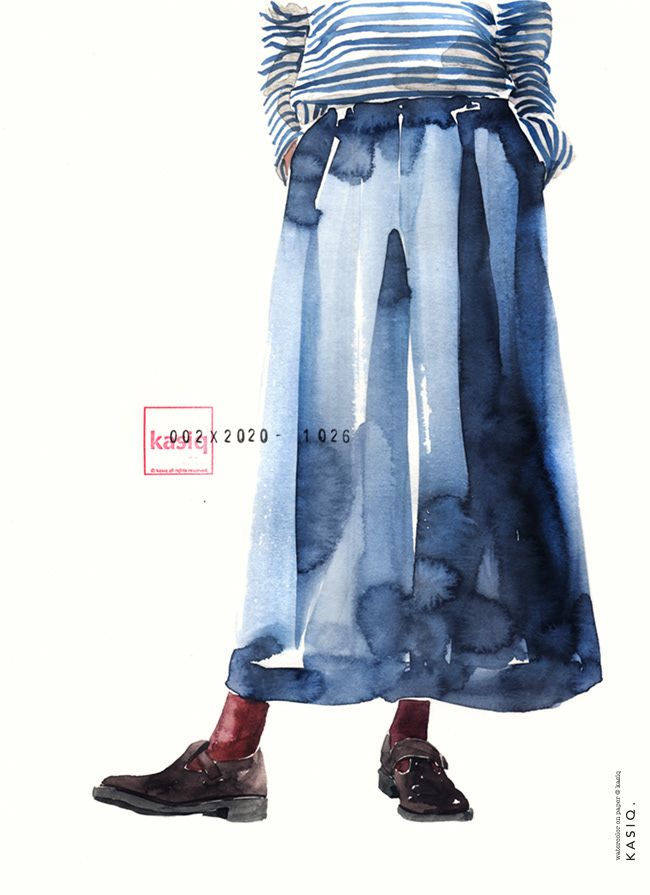 a watercolor painting of a woman wearing a striped shirt and blue pleated skirt