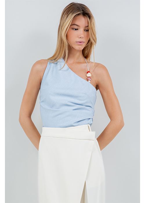 Expertly crafted for a sleek look, the Ellie Tank features a unique one shoulder design and an asymmetrical hem for added interest. The delicate stone detail and spaghetti strap add a touch of elegance, while the side shirring detail flatters your figure. Make a statement with this versatile top. Elegant Ruched One Shoulder Top, Elegant Ruched One-shoulder Top, Spring Ruched Sleeveless One Shoulder Top, Ruched Sleeveless One Shoulder Top For Spring, Ruched Sleeveless One-shoulder Top For Spring, Chic Sleeveless Ruched One Shoulder Top, Chic Ruched One Shoulder Sleeveless Top, Elegant Sleeveless One Shoulder Ruched Top, Spring Ruched One Shoulder Top With Asymmetrical Neckline