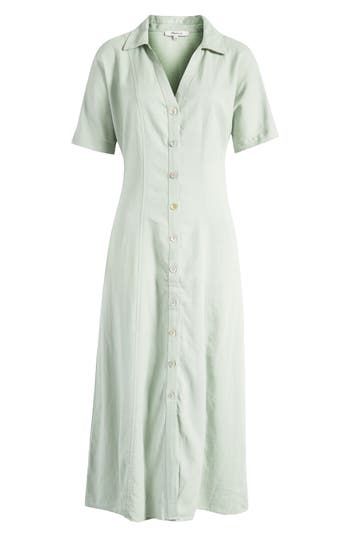 Coming in an airy linen woven with Lenzing™ EcoVero™ viscose, this shirtdress has a point collar and oversized short sleeves. Designed with a body-skimming fit, this midi has buttons along the front for easy on-and-off. 50 1/2" length (size 8) Front button closure Point collar Short sleeves Unlined 55% linen, 45% Lenzing™ EcoVero™ viscose Lenzing™ EcoVero™ viscose is a sustainably produced fiber using pulp made from renewable wood sources and certified with the EU Ecolabel for high environmental Chic Short Sleeve Viscose Shirt Dress, Summer Shirt Dress With Spread Collar, Summer Shirt Dress With Relaxed Fit And Collared Neckline, Summer Shirt Dress With Spread Collar And Placket, Summer Shirt Dress With Collared Neckline, Relaxed Fit Shirt Dress With Collared Neckline For Summer, Relaxed Fit Collared Shirt Dress For Summer, Summer Collared Linen Dress, Summer Linen Collared Dress