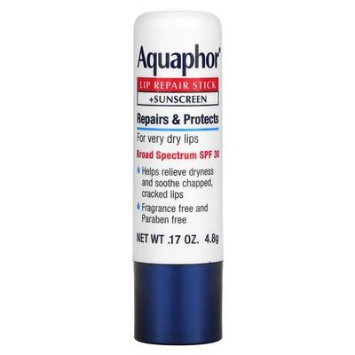 #1 Dermatologist Recommended Lip Care BrandRepairs & ProtectsFor Very Dry LipsBroad Spectrum SPF 30Helps Relieve Dryness and Soothe Chapped, Cracked LipsWith Vitamins and Shea ButterFragrance Free and Paraben FreeUses: Helps prevent sunburnFind long lasting moisture and protect your lips from the sun with Aquaphor Lip Repair Stick plus Sunscreen from the #1 dermatologist recommended lip care brand.This lip balm formula, with Broad Spectrum SPF 30, provides UVA/UVB protection and contains nourish Lip Balm Sunscreen, Aquaphor Lip Balm Stick, Aquaphor Lip Balm Spf, Aquaphor Lip Balm, Aquaphor Healing Ointment, Aquaphor Lip, Stick Sunscreen, Track Bag, Lip Balm With Spf