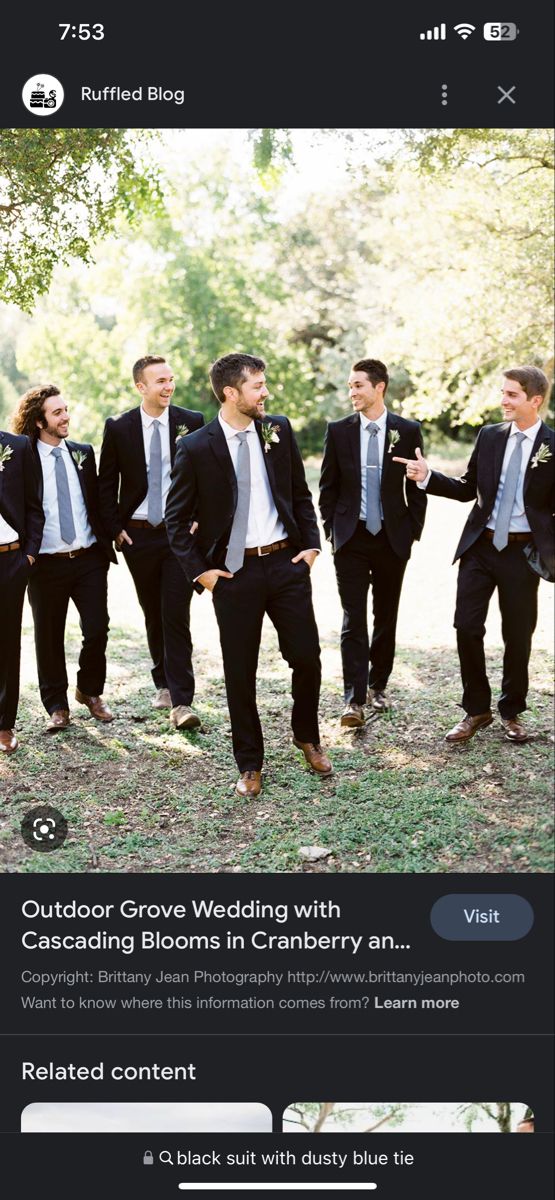 the wedding party is posing for pictures in front of some trees and grass with their suits on