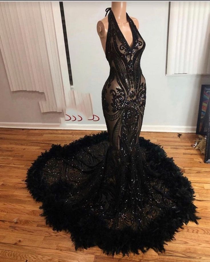 2024 Black Halter Long Prom Dress Feather Prom Dress, Girl Prom, Red Prom Dress Long, Prom Dresses Black, Halter Prom Dresses, Prom Girl Dresses, Prom Dresses 2020, Mermaid Sequin, Prom Girl