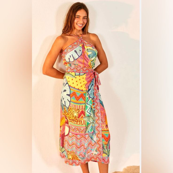 Tropical Flavor! Beautiful Wrap Dress. Since Xl Multicolor Beachwear Midi Dress As Beach Cover-up, Tropical Multicolor Midi Dress With Vibrant Print, Sleeveless Multicolor Tropical Print Midi Dress, Sleeveless Multicolor Midi Dress With Tropical Print, Multicolor Floral Print Midi Beach Dress, Multicolor Floral Print Midi Dress For Beach, Summer Multicolor Printed Midi Dress, Multicolor Printed Summer Midi Dress, Yellow Floral Print Beach Cover-up Dress