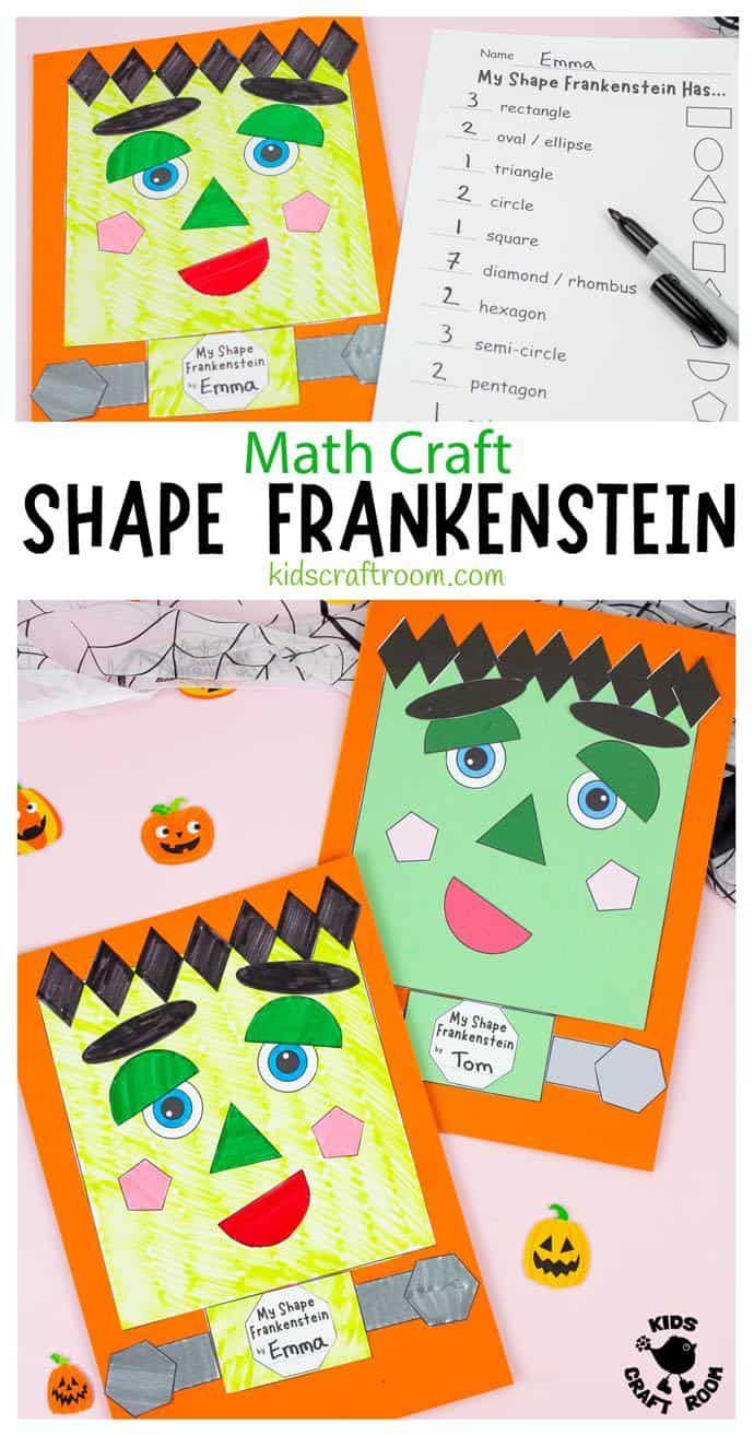 two paper crafts with faces on them and the words shape frankstenn written in black