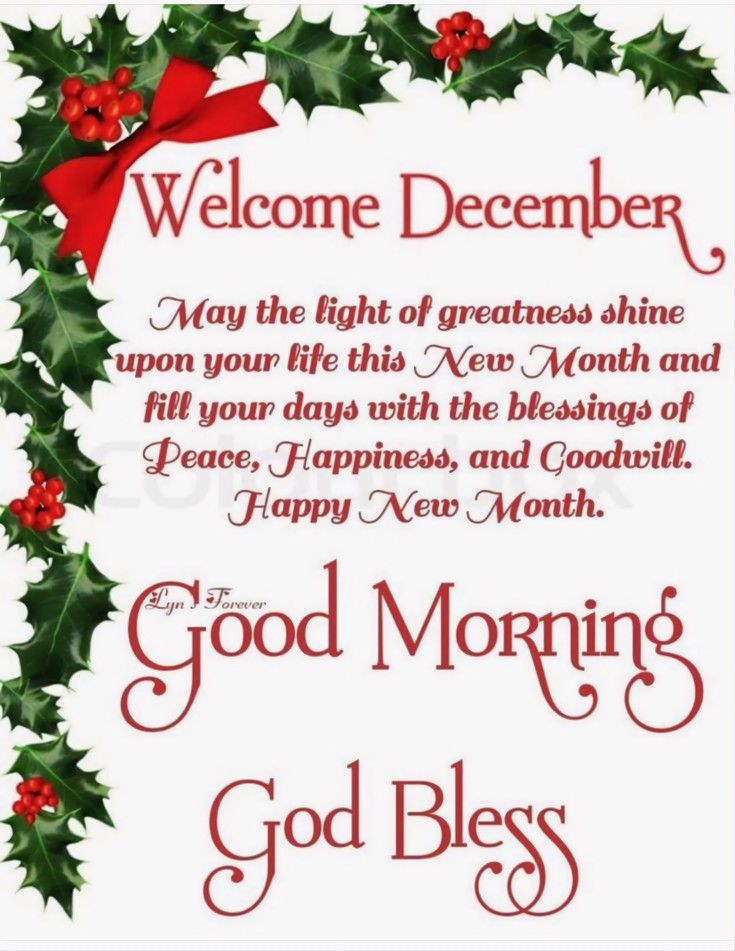 a christmas card with holly wreaths and red ribbon on it, saying welcome december