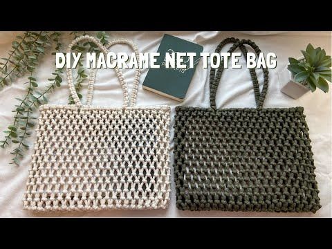 two purses sitting on top of a bed next to each other with the words diy macrame net tote bag