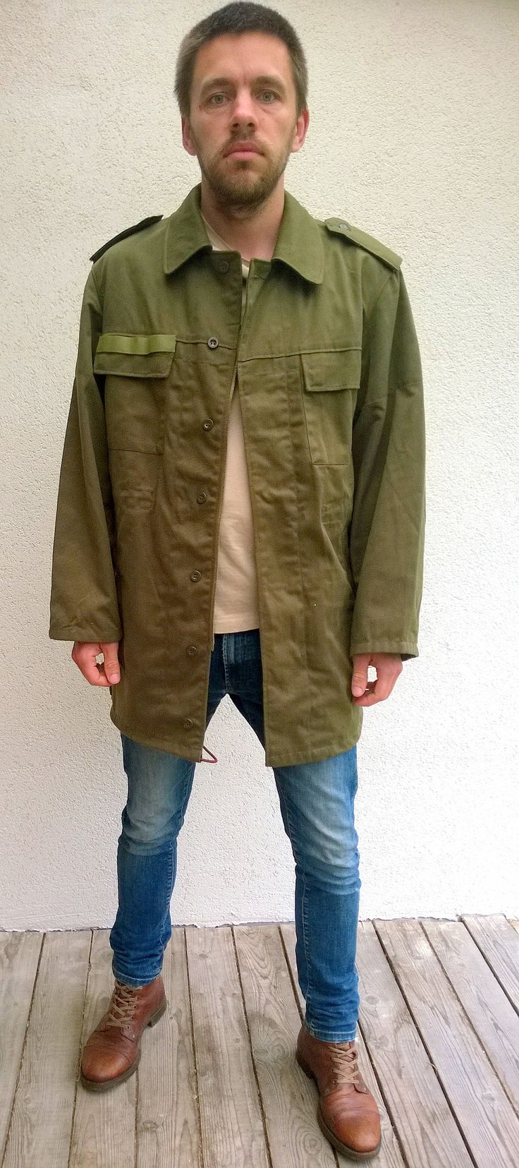 "Military camouflage green jacket, army khaki jacket, olive green coat, field jacket, outdoor jacket, men military uniform, authentic military XL/L Comfortable and good looking outdoor authentic military jacket with zipper closure. Jacket has two chest pockets and two side pockets. There is place to stick your name on chest pocket. Size: seems like women (XL) and men (L) PLEASE CHECK ALL MEASUREMENTS BELLOW Length: 82 cm/ 32\" Shoulder to shoulder: 52 cm/ 21\" Sleeve: 63 cm/ 25\" Chest: 110 cm/ Oversized Khaki Cotton Parka, Khaki Combat Outerwear For Fall, Military Style Khaki Outerwear With Multiple Pockets, Khaki Military Outerwear With Multiple Pockets, Khaki Military Outerwear With Pockets, Military Style Long Sleeve Khaki Outerwear, Khaki Combat Style Long Sleeve Outerwear, Green Military Utility Jacket For Fall, Khaki Combat Style Outerwear