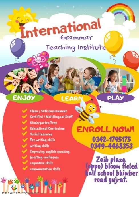 an advertisement for the international english language school, with pictures of children and balloons in the background