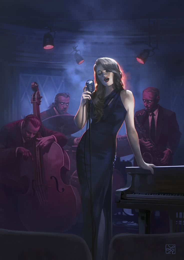 a painting of a woman singing into a microphone in front of a piano and band