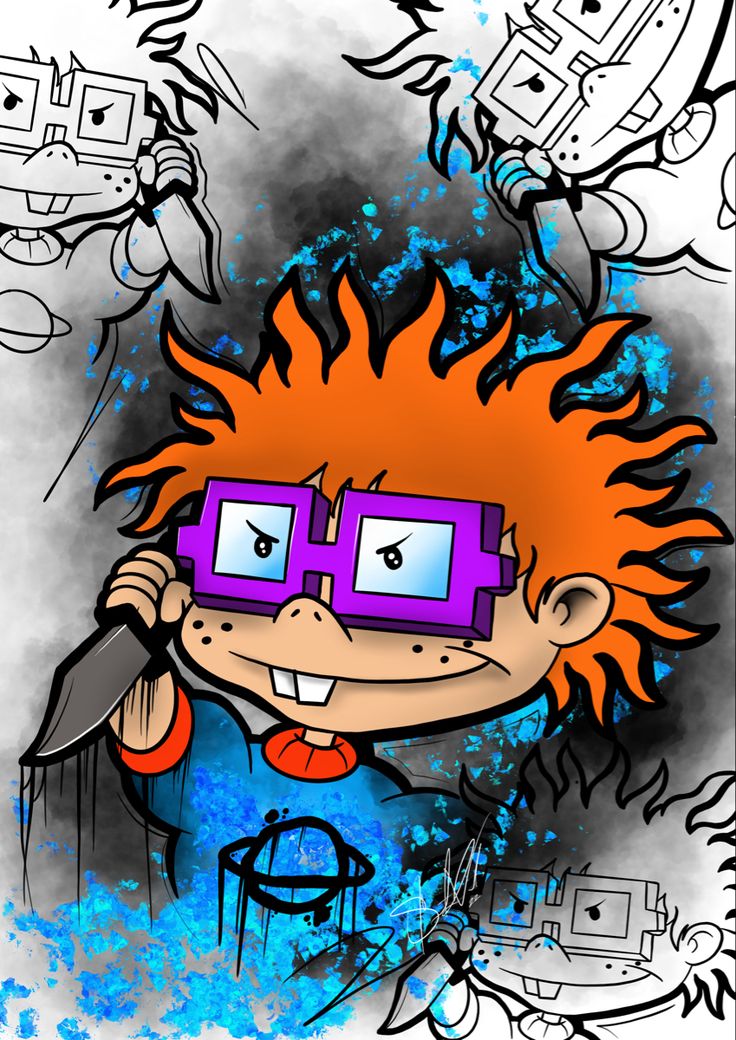 a drawing of a boy with glasses and an orange hair holding a knife in his hand