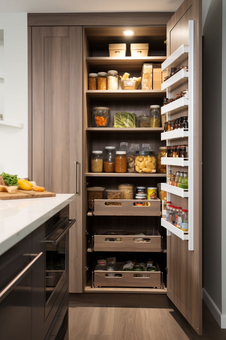 an open pantry with lots of food in it