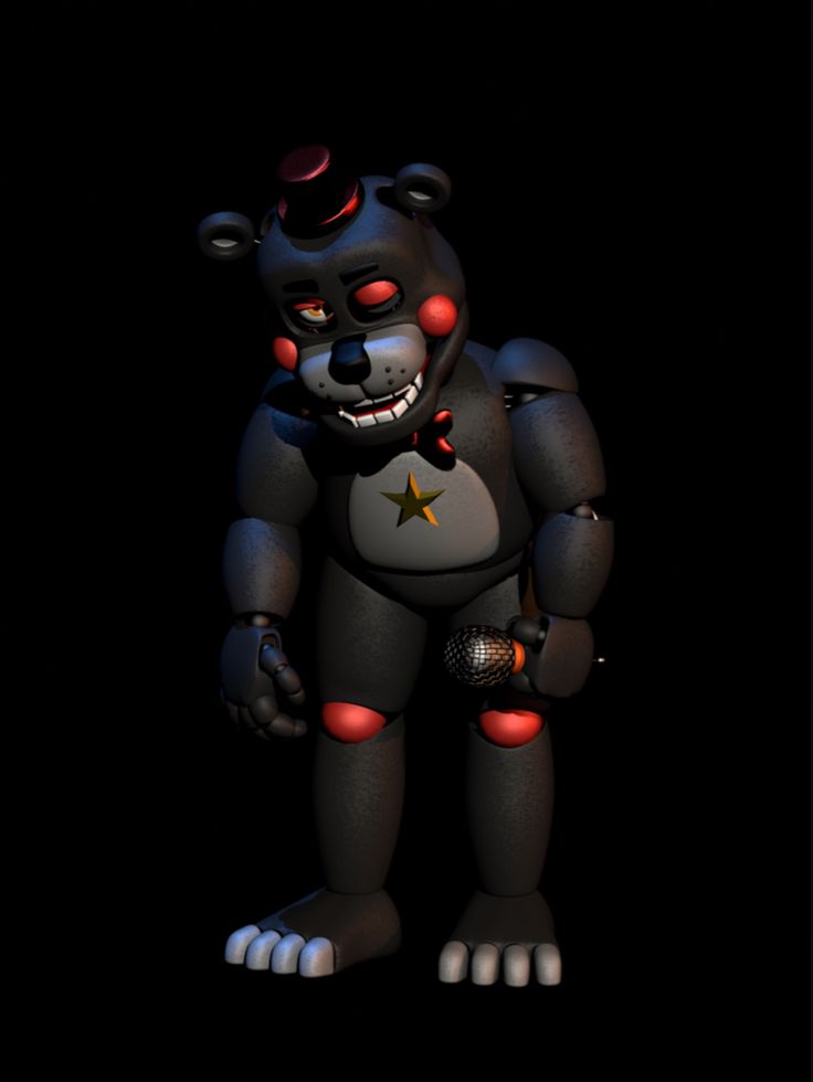 a black bear with red eyes and an orange star on it's chest is standing in the dark