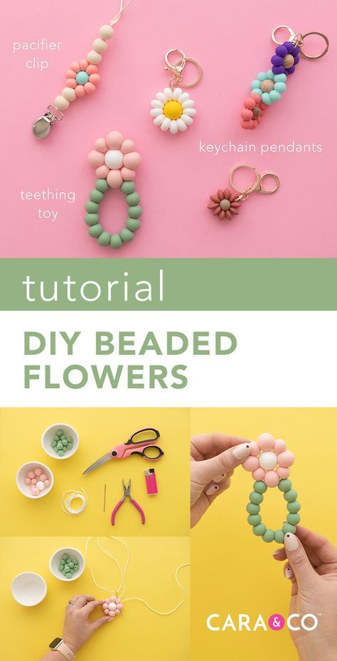 the instructions to make beaded flowers with beads and yarn are shown in three different pictures