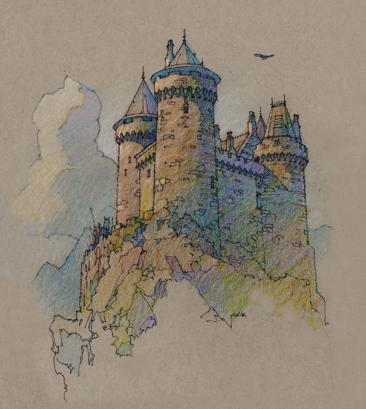 a drawing of a castle on top of a hill