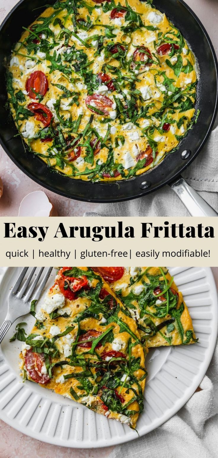 an easy arugula frittata recipe with spinach and tomatoes on top