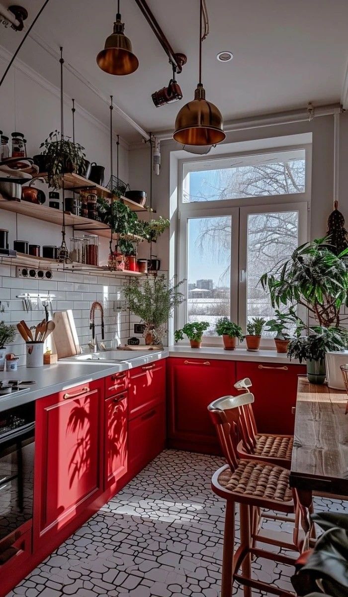 a kitchen with red cabinets and plants on the windowsill