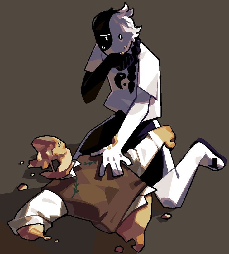 a cartoon character is sitting on the ground next to a dead man with his head in his hands