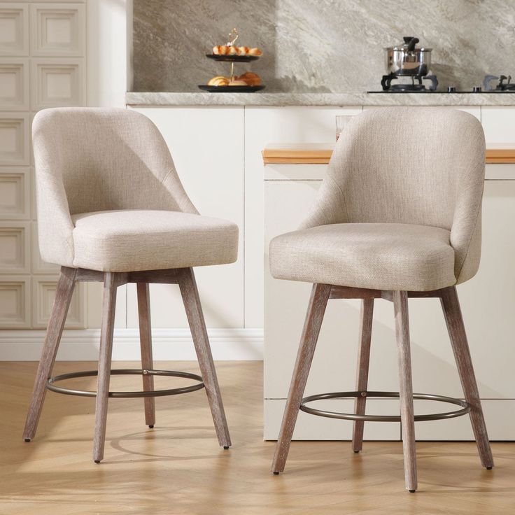 two stools in a kitchen next to a counter