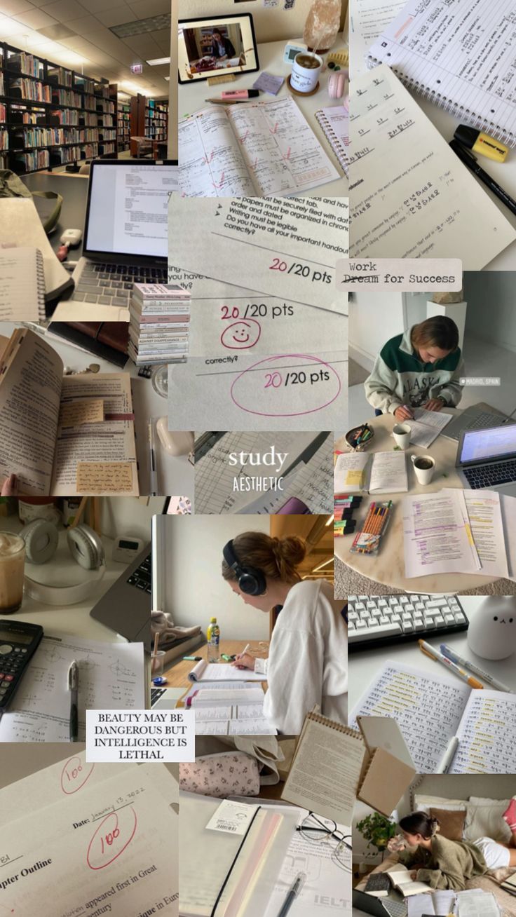 a collage of photos with books and papers on the desk, including an open book