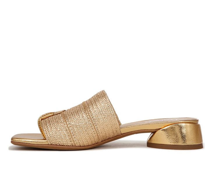 Shaped to perfection. This slide's modern, artistic lines elevate every look. Leather upper responsibly sourced through the Leather Working Group . Eco-conscious linings with soft + sustainable comfort. Slip-on fitOpen square toe with hidden thong post. Extra padding for added comfort. 1.18 inch sculpted oval block heel. PU and Fabric upper, Slip on for easy entry,1.125\ heel, Open toe, Polyurethane outsole, Synthetic outsole | Women's Franco Sarto Loran4 Dress Sandals in Gold Raffia Size 6 Modern Slide Heels For Summer, Modern Gold Mules For Spring, Chic Summer Slip-on Slides, Formal Summer Slides With Block Heel, Chic Evening Slides For Spring, Modern Spring Slides With Open Heel, Modern Open Heel Slides For Spring, Gold Open Heel Mules For Spring, Spring Evening Open Toe Slides