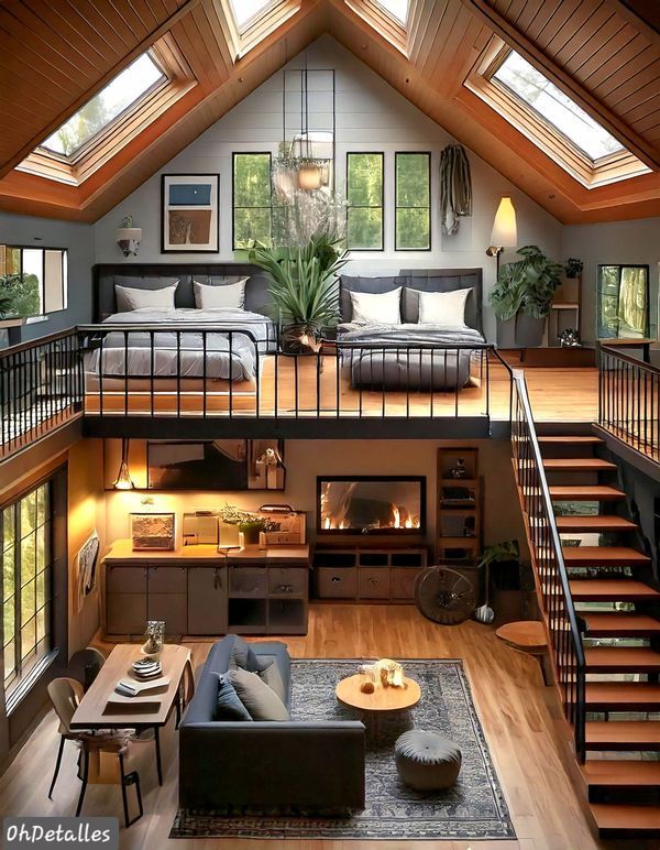 a loft with two beds, couches and stairs leading up to the second floor