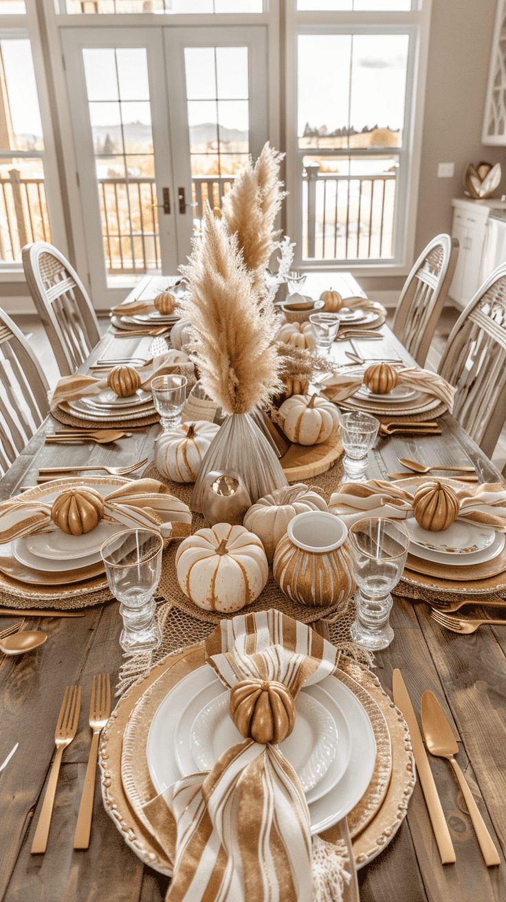 a dining room table set for thanksgiving dinner with white pumpkins and gold chargers on it