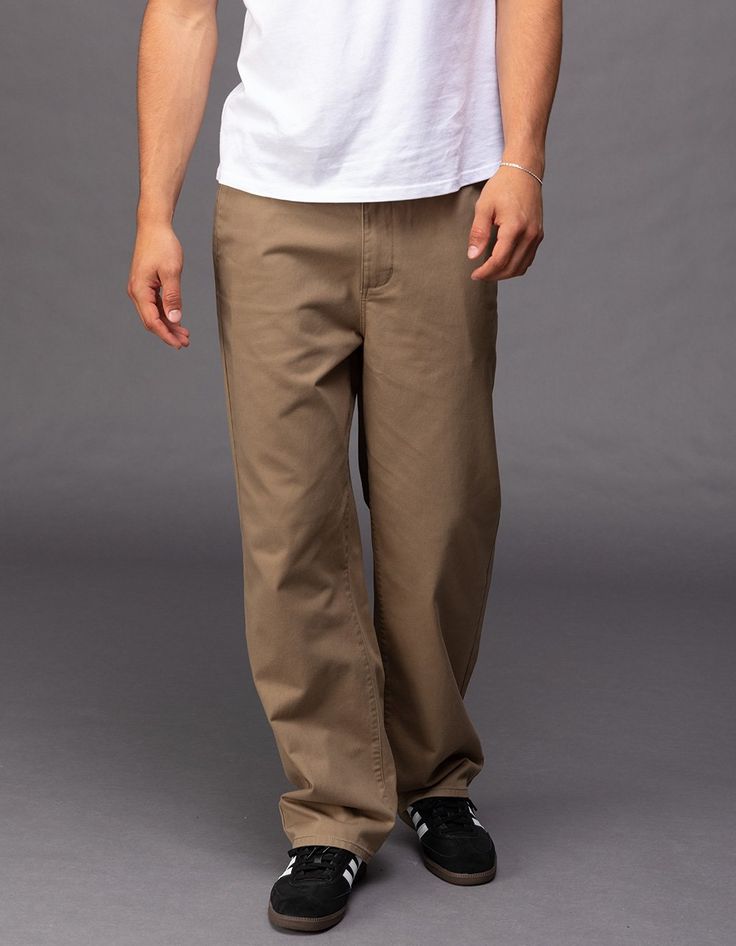 Rsq Loose Chino Pants. Button Waist Paired With Zipper Fly. Belt Loop Waist. Slant Pockets. Dual Back Pockets. Woven Rsq Label At Back Left Pocket. Loose Fit. Approx. Leg Opening: 18". 100% Cotton. Machine Wash. Imported. Khaki High-waisted Casual Pants, Casual Khaki High-waisted Pants, Casual Khaki Work Pants For Fall, Casual Chinos Straight Pants No Pockets, Casual Straight Chinos Without Pockets, Casual Straight Leg Work Pants For Streetwear, Casual Wide Leg Bottoms With Button Zip Fly, Casual Dress Pants With Elastic Waistband And Tapered Leg, Casual Straight Leg Work Pants For Spring