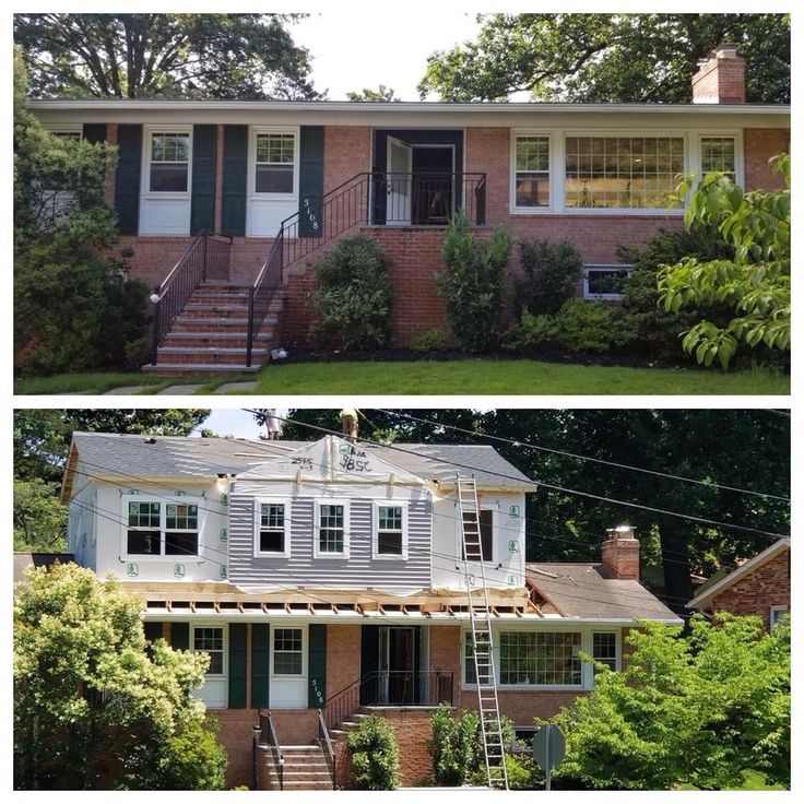 before and after photos of a house with siding removed from the roof, and then on the front of the house