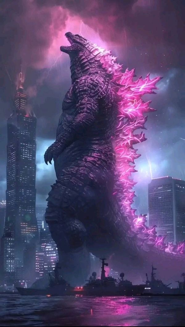 the godzilla is standing in front of some tall buildings at night with bright pink lights