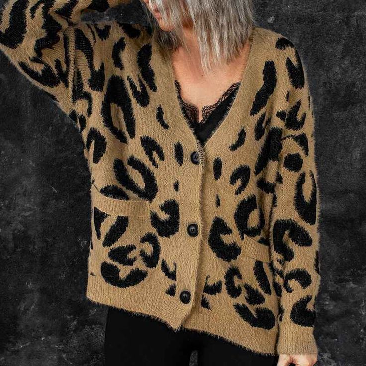 Women's Leopard Print Knitted Sweater Cardigan Open Front Coat Outwear with Pockets K111 ❤ Model: K111 Color: Leopard ❤ Size Guide: S=US 4-6, M=US 8-10, L=US 12-14, XL=16. ❤ The knitted fabric is stretchy and soft, super soft will definitely keep you warm and comfortable in the cold. ❤ Perfect for walking to the street, daily, vacation, party, school, cruise, club, office, etc. You can match different styles according to the weather to create a lovely fall and winter look. The best gift for a fr Winter Button-up Sweater, Casual Beige Acrylic Cardigan, Acrylic Sweater With Button Closure For Fall, Button-up Acrylic Sweater For Fall, Acrylic Button-up Sweater For Fall, Casual V-neck Acrylic Sweater Coat, Fall Acrylic Outerwear With Button Closure, Trendy Brown Acrylic Cardigan, Knitted V-neck Acrylic Sweater Coat