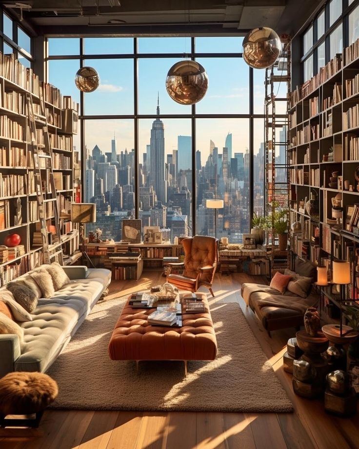 a living room filled with lots of furniture and bookshelves in front of large windows