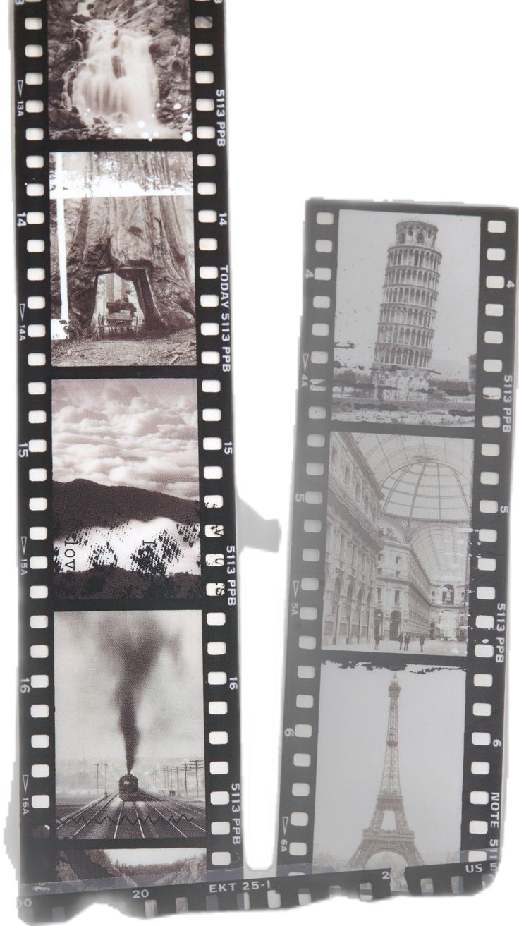 an old film strip with pictures of buildings and people on the filmstrip in black and white