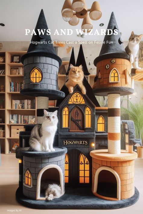 a cat sitting on top of a fake castle with two cats in the house and another cat looking at it