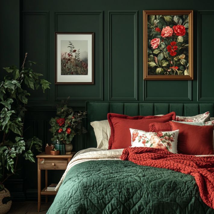 a bed with green walls and red pillows in a room decorated with potted plants