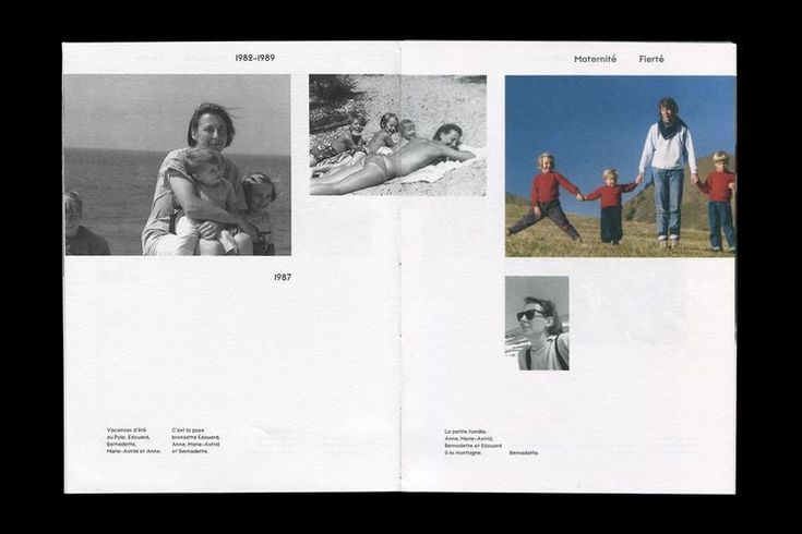 an open book with photos of people and children on it's pages, in black and white