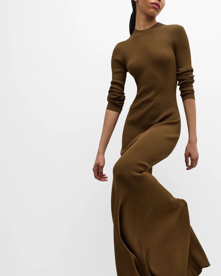 Brandon Maxwell Vanessa Long-Sleeve Rib-Knit A-Line Maxi Dress | Neiman Marcus Danielle Frankel, Leather Sweater, Inspirational Clothing, A Line Maxi Dress, Brandon Maxwell, Fall Photoshoot, Espresso Martini, Winter Travel, Fashion 2024