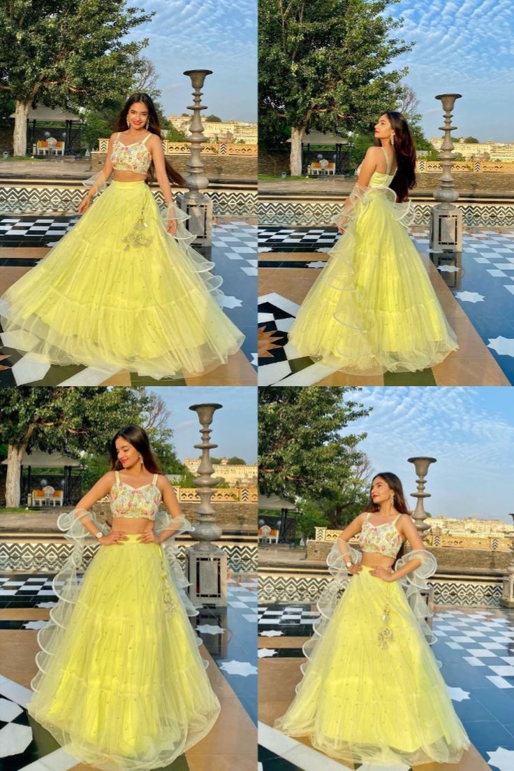 four different pictures of a woman in a yellow dress with flowers on the skirt and top