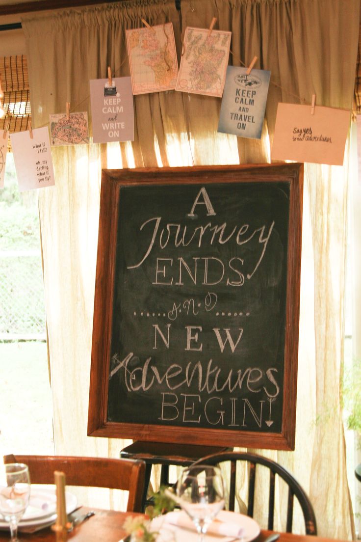 a chalkboard sign that says a journey ends and new adventures begins on it's side