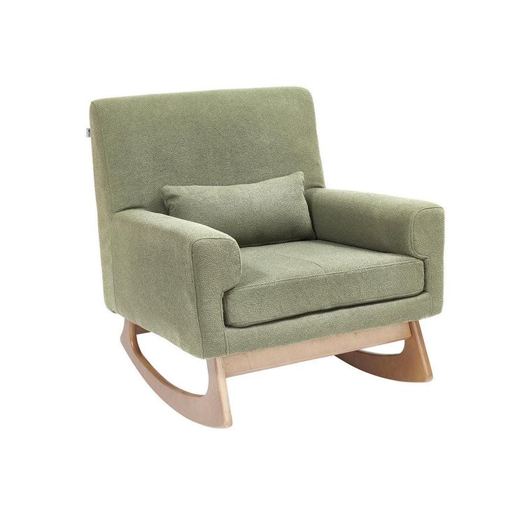 a green rocking chair with two pillows on the back and one seat upholstered