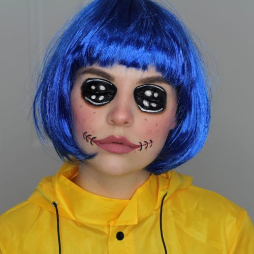 Blue Hair Characters Halloween, Coraline Makeup Halloween, Blue Hair Halloween Costumes Ideas, Fine Hair Styles, Coraline Makeup, Coraline Halloween, Coraline Costume, Fine Hair Styles For Women, Halloween Makeup Diy