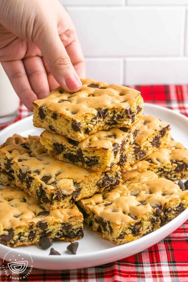 chocolate chip cookie bars stacked on top of each other