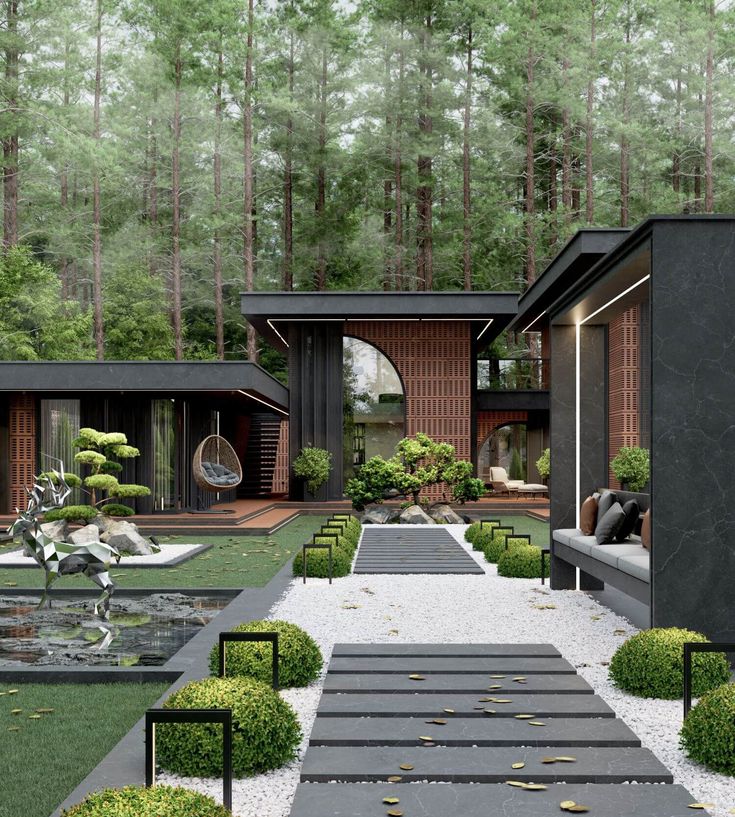 an artist's rendering of a modern house in the middle of a wooded area