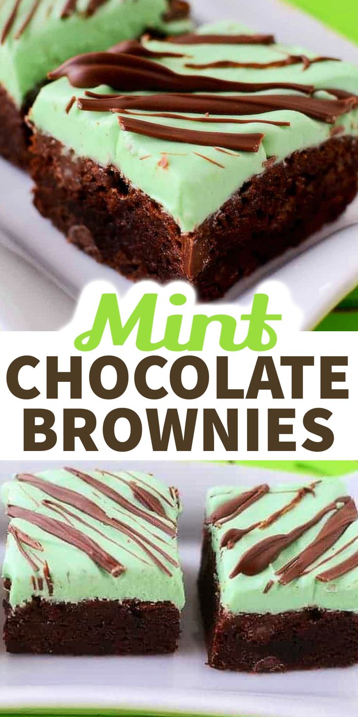 mint chocolate brownies with green frosting on a white plate and in the background