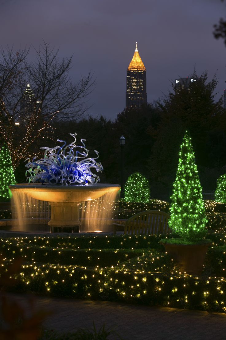 christmas lights decorate trees and fountains in a park