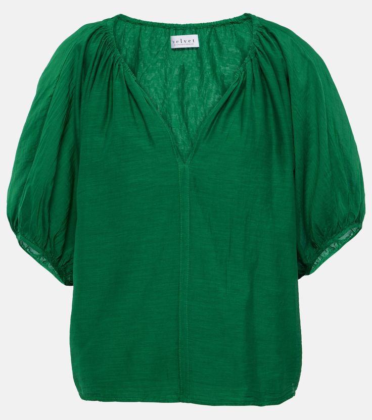 Kristen cotton and silk blouse in green - Velvet | Mytheresa Cotton Puff Sleeve Blouse For Work, Elegant Cotton Top With Puff Sleeves, Elegant Cotton V-neck Blouse, Chic Green Silk Top, Chic Cotton Top With Blouson Sleeves, Chic Cotton Blouse With Relaxed Fit, Relaxed Fit Viscose Tops For Daywear, Elegant Cotton Tops With Puff Sleeves, Chic Relaxed Fit Cotton Blouse