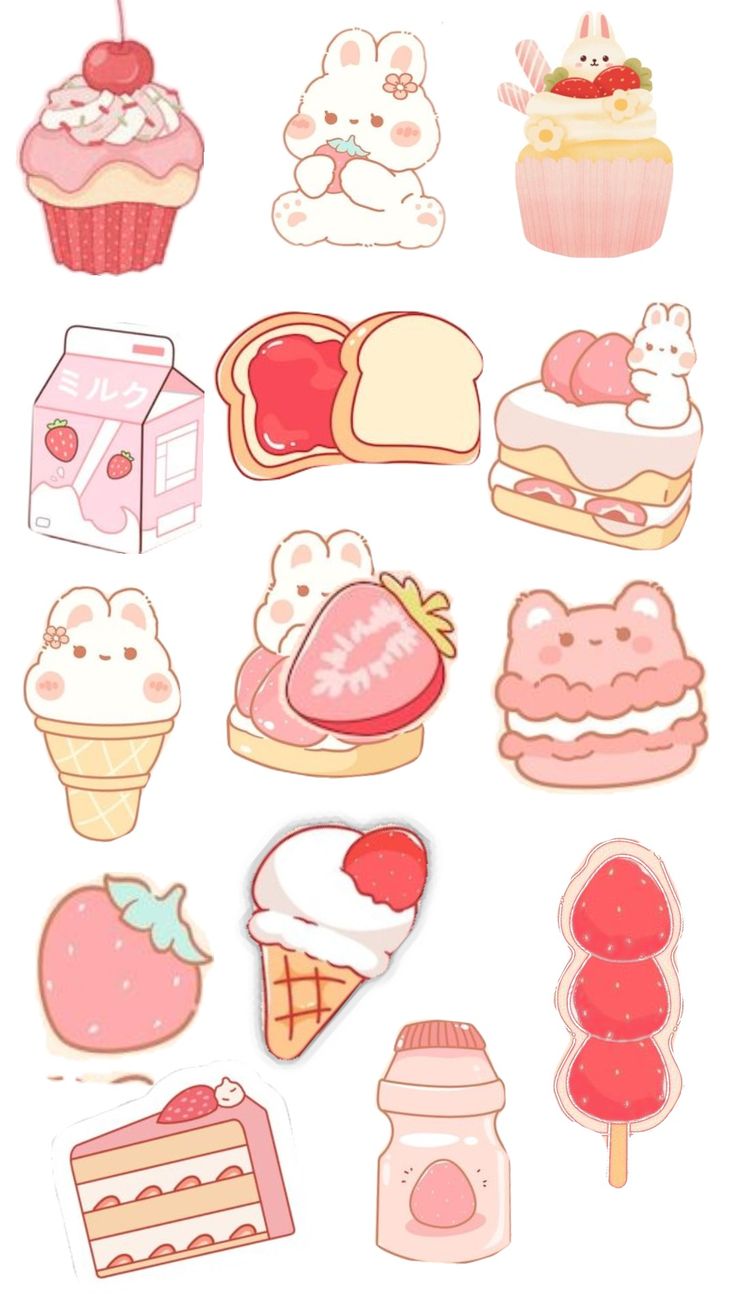 stickers with different types of food and desserts on them, all in pink