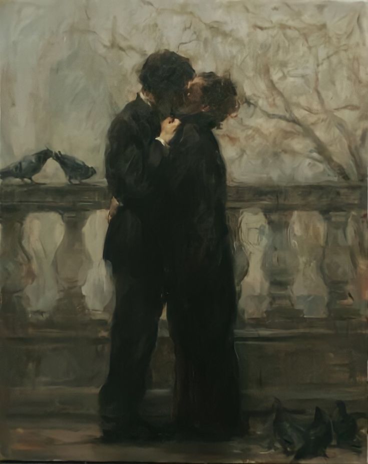 a painting of two people embracing each other